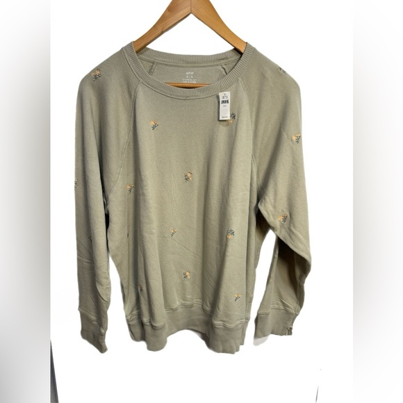 aerie Tops - NWT AERIE 100% Cotton Crewneck Light Sage Green w Embroidered Flowers-XL